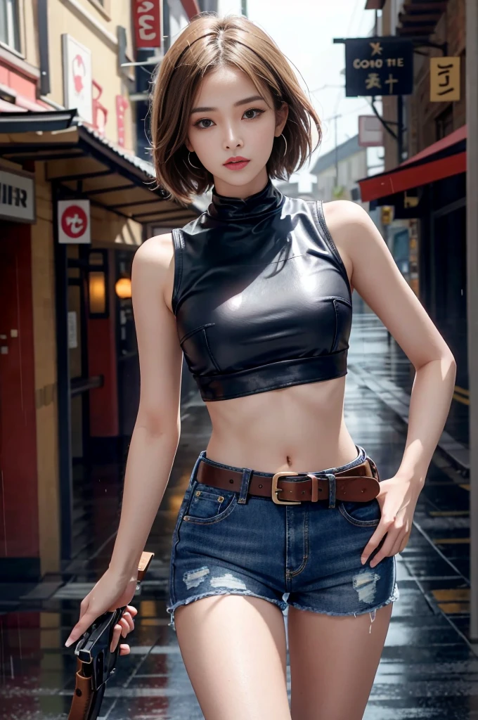 Mariam, highest quality,(beauty), One girl,Physically Based Rendering ,Ultra-high resolution,(Cowboy Shot:1.5),Tight waist, skinny, Leona MS , Big Blue Eyes,Long legs,（jeans mini shorts）,Leather Belt,Big Breasts,Puffy eyes, Leather Belt,(Rainy Town), Shiny skin, Face-to-face viewer, I&#39;m excited to fight、（Holding a gun）。((Sexy leather top sleeveless))、Sexy thighs