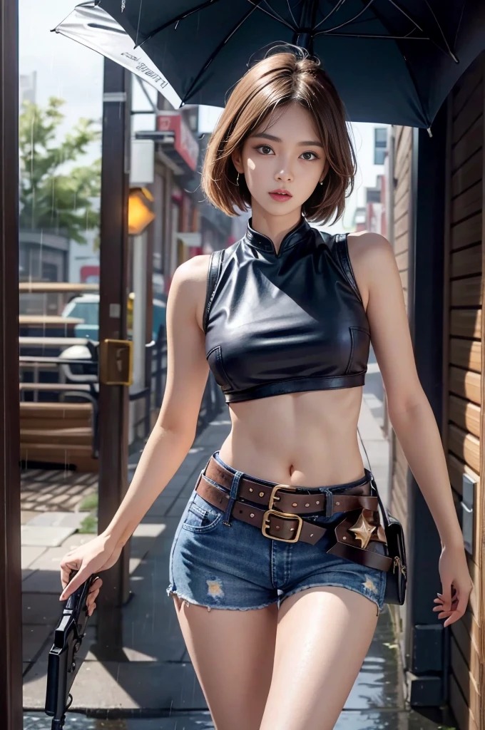 Mariam, highest quality,(beauty), One girl,Physically Based Rendering ,Ultra-high resolution,(Cowboy Shot:1.5),Tight waist, skinny, Leona MS , Big Blue Eyes,Long legs,（jeans mini shorts）,Leather Belt,Big Breasts,Puffy eyes, Leather Belt,(Rainy Town), Shiny skin, Face-to-face viewer, I&#39;m excited to fight、（Holding a gun）。((Sexy leather top sleeveless))、Sexy thighs