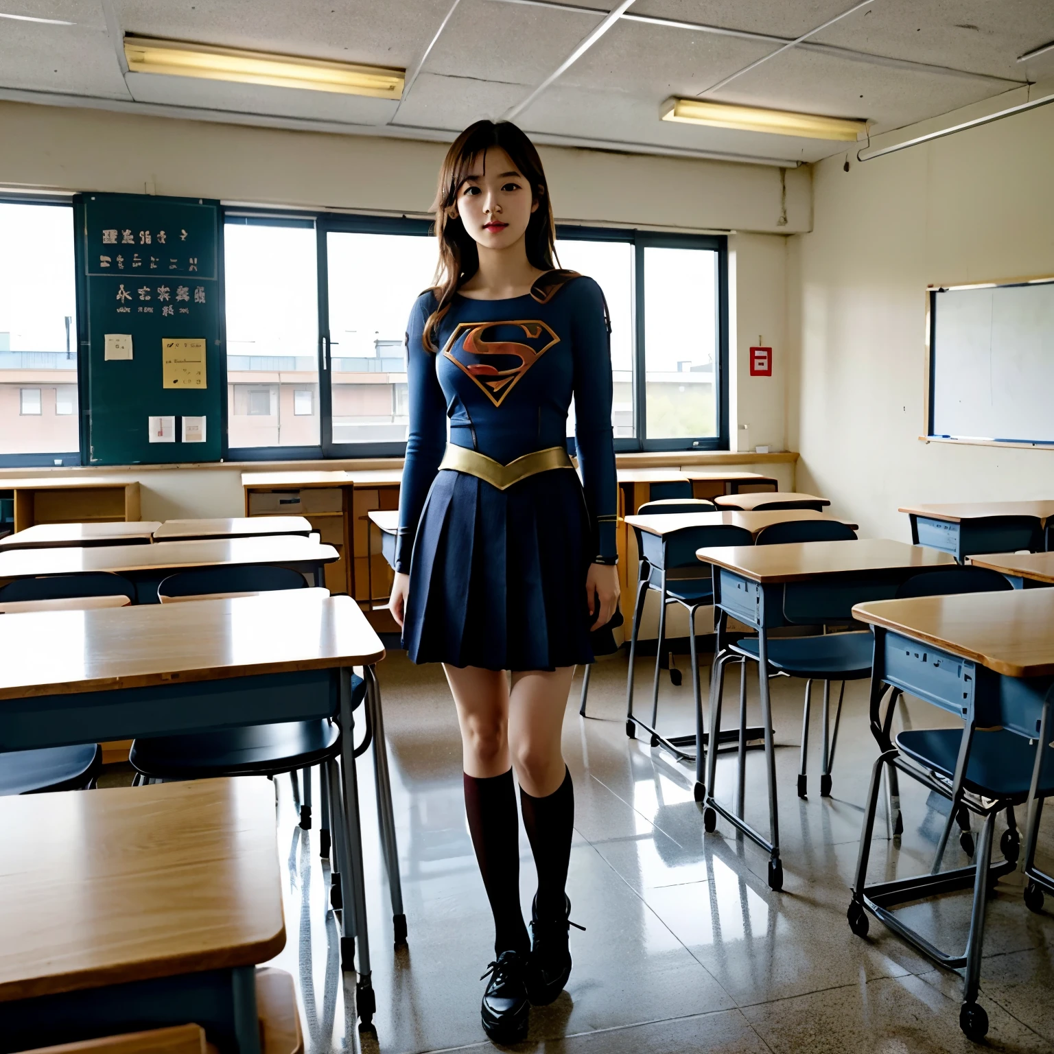 Araffe dressed as a supergirl standing in a classroom - SeaArt AI