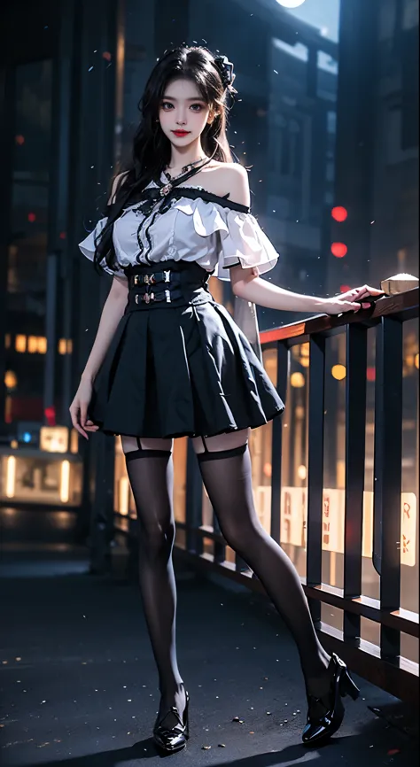 jirai kei attire, jirai kei, black thighhighs, high heels, ((Bare shoulders)), ((Full breasts)), ((The skirt is short)), ((Sexy ...