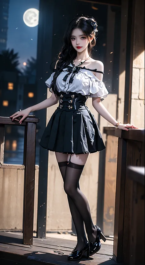 jirai kei attire, jirai kei, black thighhighs, high heels, ((bare shoulders)), ((full breasts)), ((the skirt is short)), ((sexy ...