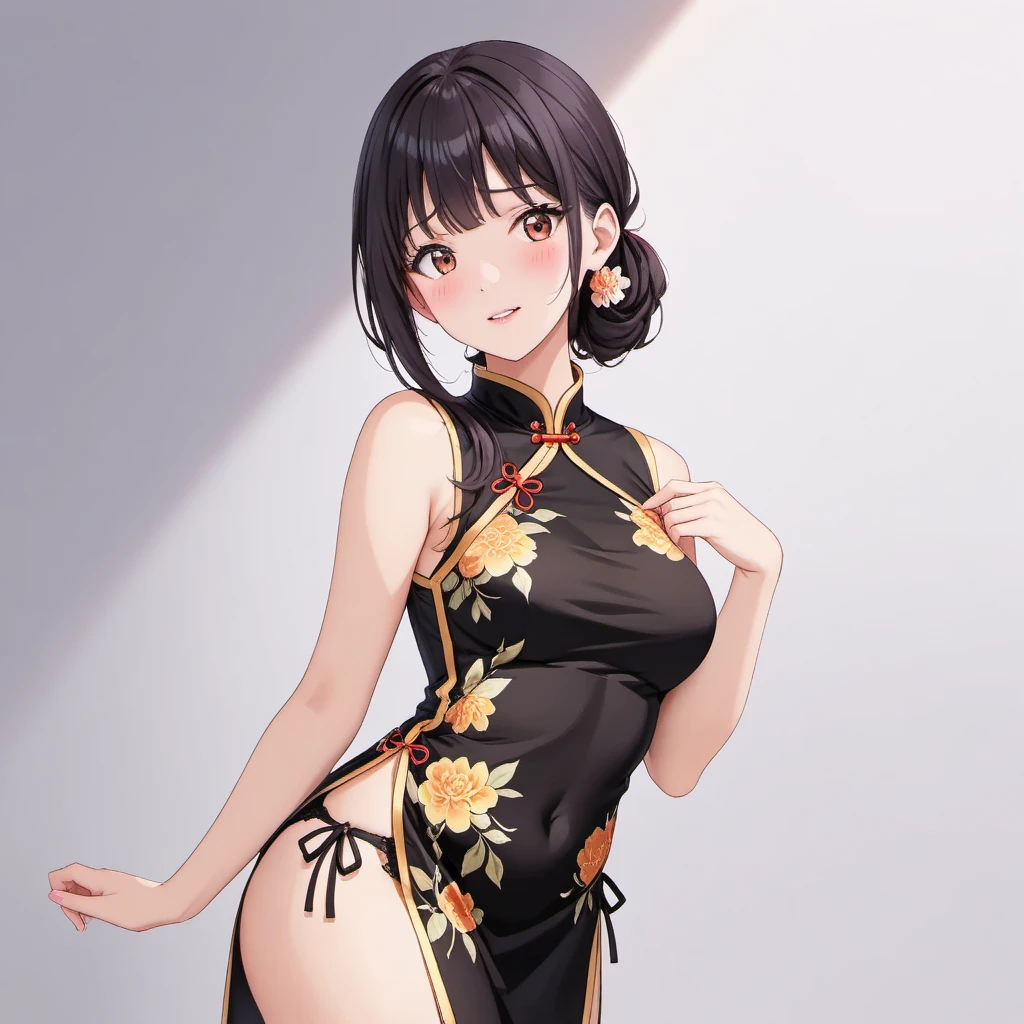 High resolution, adult woman , good lighting, despicable, , (No nudity), (((China dress))), (garter belt), abdomen only, cute face, I'm embarrassed and blush, humiliating, ((turn around and look back)), ((See-through))(T-back)(a large amount of  is on the body,)