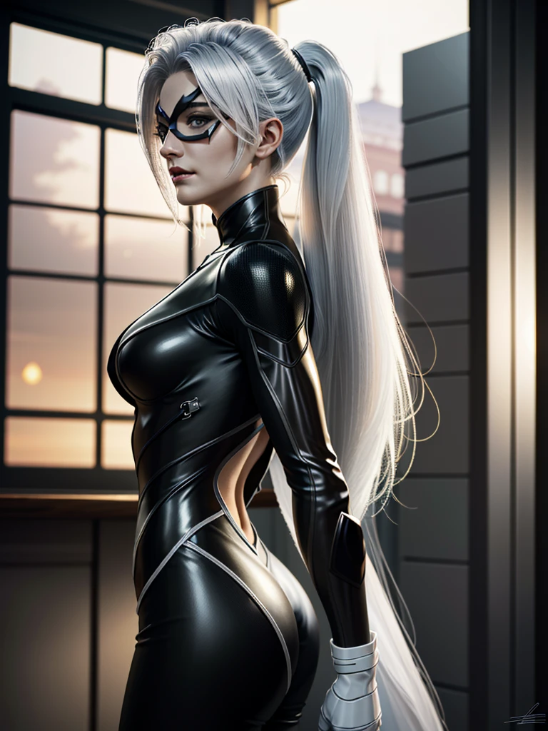 ((ultra detailed, masterpiece, absurdres))
 SpiderBlackCat, Minka Kelly, mask, white hair, long hair, Side view with a playful expression