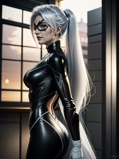 ((ultra detailed, masterpiece, absurdres))
 spiderblackcat, minka kelly, mask, white hair, long hair, side view with a playful e...