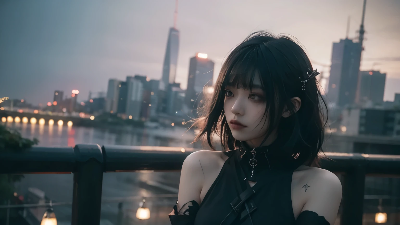 (upper body:1.4), Goth Fashion, Dystopia, tokyo, minimum, harmony, tranquility, cinematic light, Magic Hour, A strong wind is blowing, Girl overlooking the city, slender, floating Medium Hair, diffused natural skin glow, bangs, Deep Shadow, Gothic Punk, masterpiece, highest quality, RAW Photos, sigma 50mm f1.4, candytt, 24-years-old