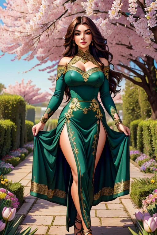 melhor qualidade, 4K, obra de arte, imagem muito nítida,mulher extremamente bonita,pôster,de pé,rosto lindo altamente detalhado,cílios grandes,cintura mínima,vestido maxi fenda bordado dourado, meia-calça,cabelo longo,Excelente sentido,(((uma pessoa))),corpo altamente detalhado,jardim de flores em cenário de primavera