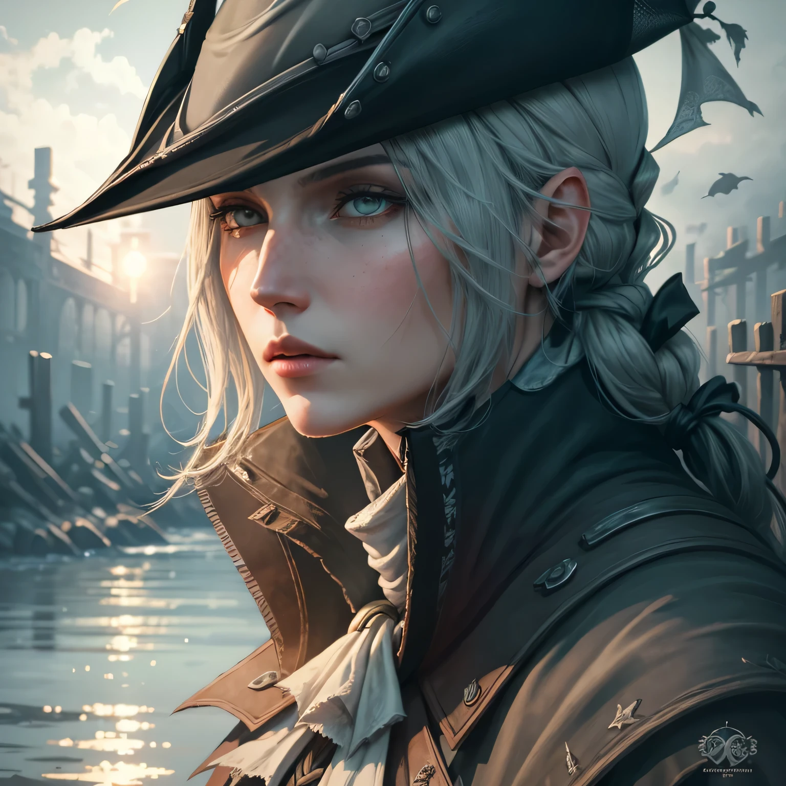 Lady Maria_Bloodborne, Profile, Close-up, sunlight, dawn, sad, sketch