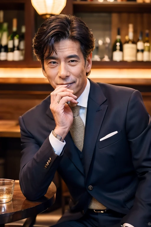 le réalisme, Portrait en pied 8k, un beau mec, Un homme élégant en costume, look attrayant, Détails détaillés du visage, Tokyo, 8 villes, Les hivers, Buvant du vin dans un bar à vin