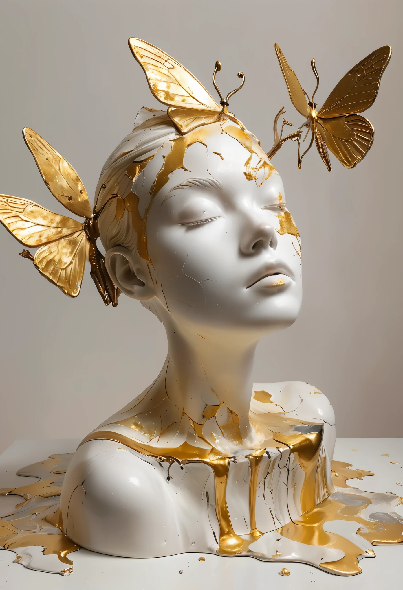 ((exhibit，Still Life Table，Artistic statues，3D Sculpture，ceramics，Surface cracks，Shattered Texture)), Show the beauty of nature.Kaneko，Golden powder， Emphasize its artistic quality.
