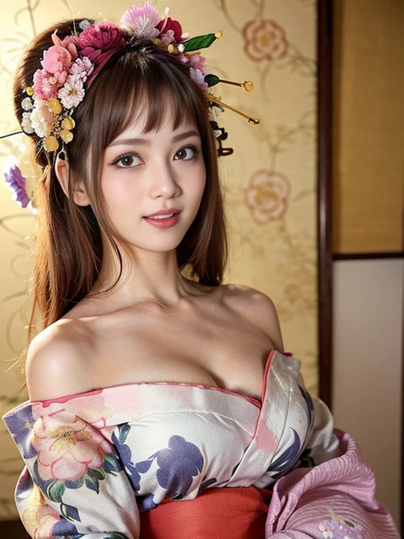 (one young girl), very cute face, wonderful face and eyes, (highly detailed eyes, highly detailed face), Fresh, very beautiful appearance, (Ultra-realistic, High resolution), (highest quality:1.4), RAW photo, (realistic, Photoreal:1.37), professional photography, (floral pattern yukata:1.5), (Open yukata), (cleavage:1.2), (bare shoulders), smile a little, (look at me), Bedroom, girl portrait,