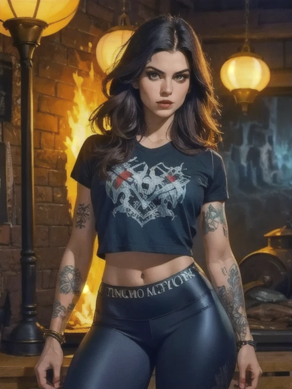 melhor qualidade,obra de arte,ultra-high resolution,(Realisticidade:1.4),Foto original,cinematic lighting, 1 garota, Sozinho, (((Gengibre quente estilo Metalhead garota))) na frente de um fogo abstrato, Colorful tattooed full arm, cara bonita , ((em pose sexy e quente)) , wearing black leggings with chain details , Camiseta preta, (((Brazilian athletic hot body))) , ((Dedos de camelo)) , bunda grande, estilo heavy metal, camiseta caveira, fotografia, wojtek fus, estilo de arte heavy metal, concerto de heavy metal. realista, datailed, rosto detalhado, 4K. fundo abstrato. 