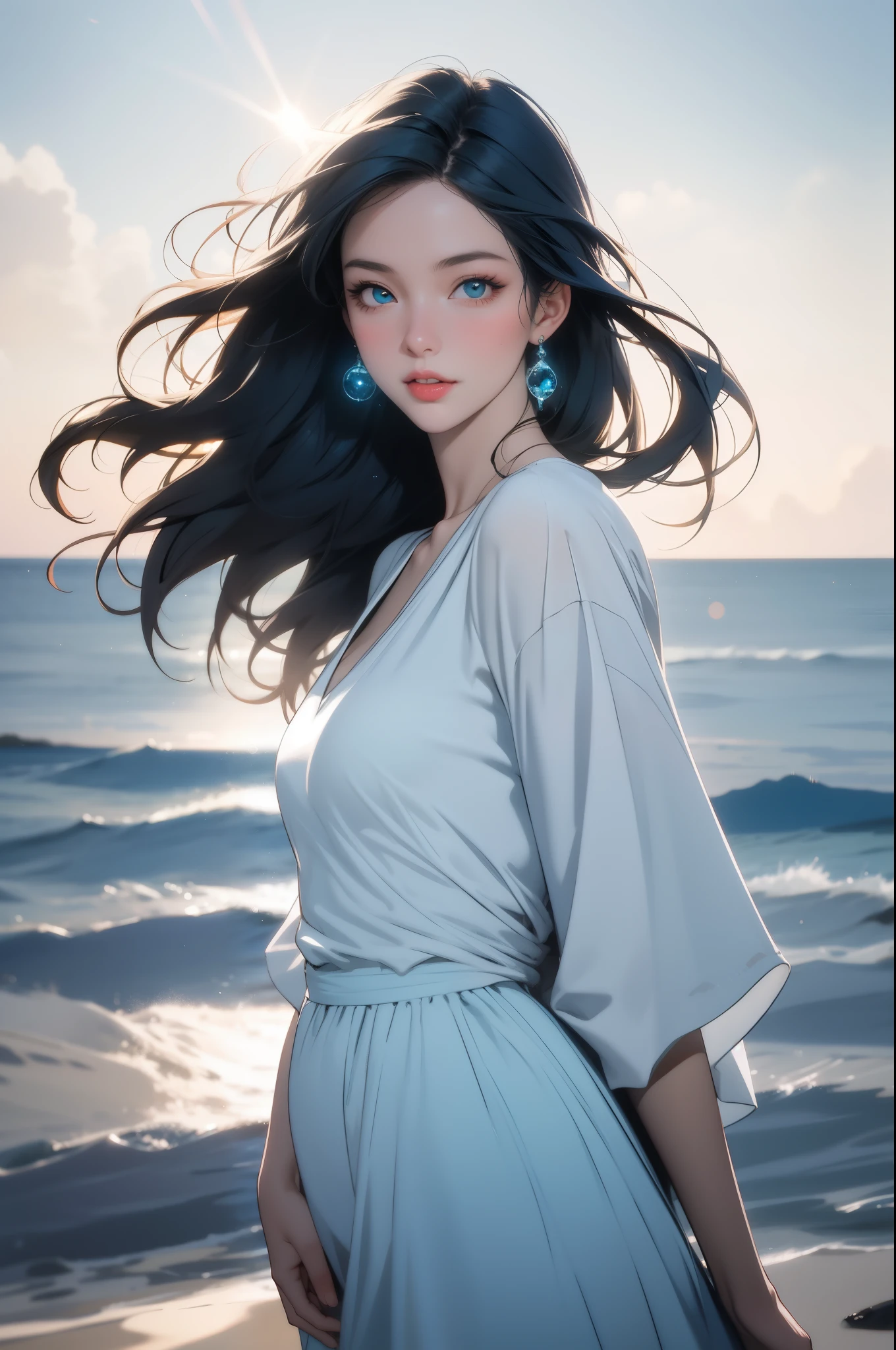 A girl standing on a rocky cliff overlooking the magnificent Blue Coast. The girl has beautiful detailed eyes, delicate eyebrows, a straight nose, and a pair of plump and rosy lips. She stands confidently with her arms akimbo, capturing the breathtaking view of the sparkling turquoise sea. The wind gently blows through her loose, flowing hair, giving the scene a sense of movement and . The Blue Coast is depicted with a realistic, photorealistic style, showcasing every detail of the shimmering water, rugged cliffs, and sandy beaches. The colors are vivid and vibrant, with shades of blue dominating the palette, symbolizing the tranquility and depth of the ocean. The sunlight casts a warm and golden glow on the landscape, creating a visual spectacle. The girl is dressed in a flowing white dress, which contrasts beautifully with the blue tones of the sea. Her dress billows in the wind, adding a dynamic element to the composition. The entire scene is bathed in soft, natural lighting, accentuating the textures and depth of the cliffs and sea. To ensure the best quality and ultra-detailed output, please use (best quality, highres, masterpiece), ultra-detailed, (realistic, photorealistic, photo-realistic) tags. The image should have sharp focus and exhibit physically-based rendering. The colors should be vivid and the lighting should be carefully crafted to enhance the overall composition. Overall, the prompt should capture the serene beauty and awe-inspiring nature of the Blue Coast, delivering a breathtaking and immersive visual experience,Depth of field, high contrast, intricate details, volumetric lighting, (dynamic composition:1.2), highly detailed, colorful details, iridescent colors, (glowing lighting, atmospheric lighting), dreamy, magical, solo, lens flare, (colorful), Cinematic light, high-res, sharp focus, heterochromia, smooth, colorful light, particles, galaxy colors schemes,