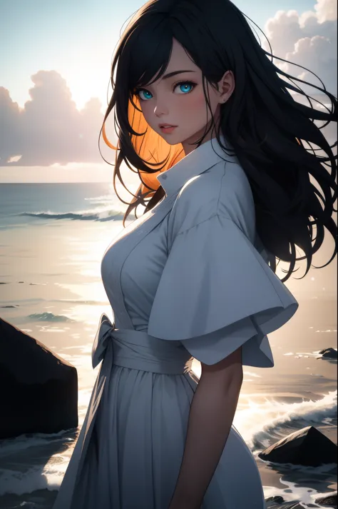 A girl standing on a rocky cliff overlooking the magnificent Blue Coast. The girl has beautiful detailed eyes, delicate eyebrows...