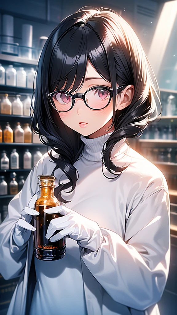 Intelligent woman、Black Hair、White skin、Pink Lips、Wear a white coat over a black turtleneck sweater、Round rimmed glasses、White rubber gloves、Institute of Chemistry、Test tube、beaker、microscope、flask