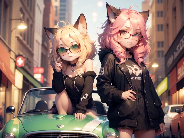 anthropomorphic kitten, green fur, baby face, green eyes, blonde hair, Chanel hairstyle, cool look, chubby body, sexy chibi, ray-ban sunglasses, pink pullover, black miniskirt, mischievous smile, sexy pose, insinuating look, riding a blue karmann ghia convertible, ecchi anime, full body, POV, dynamic view, HD+ quality angle,