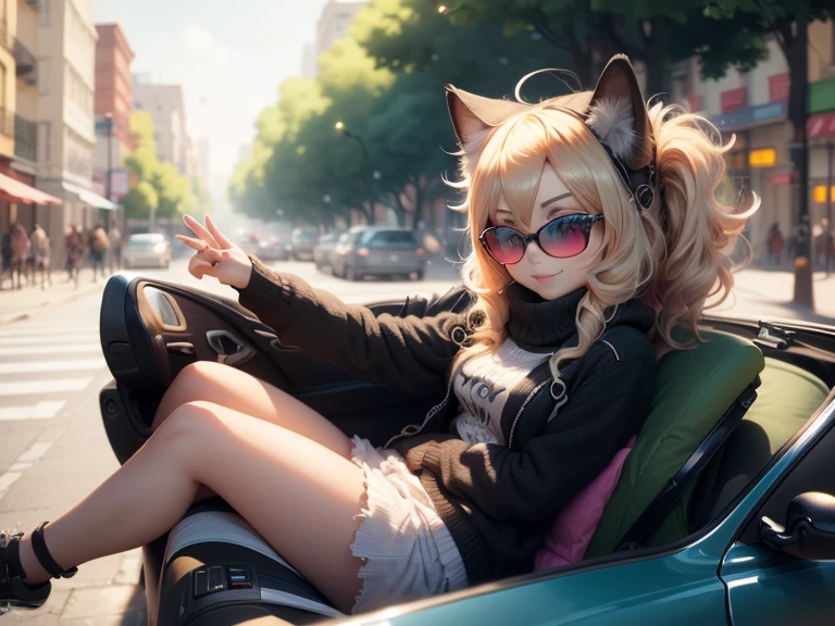 anthropomorphic kitten, green fur, baby face, green eyes, blonde hair, Chanel hairstyle, cool look, chubby body, sexy chibi, ray-ban sunglasses, pink pullover, black miniskirt, mischievous smile, sexy pose, insinuating look, riding a blue karmann ghia convertible, ecchi anime, full body, POV, dynamic view, 45º medium far angle, HD+ quality,