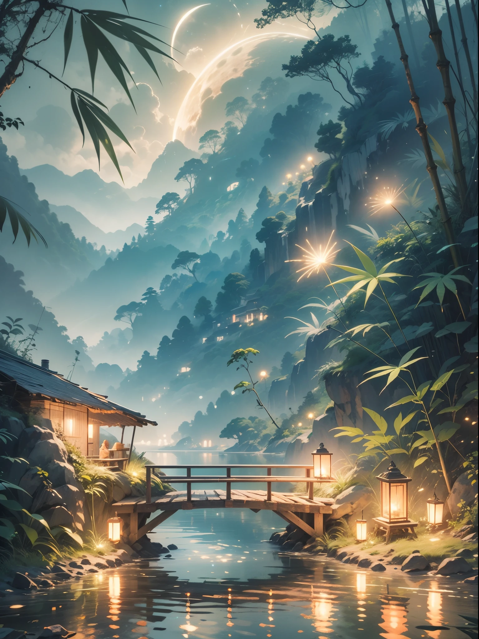 The Jungle Book, bamboo tree fantasy, Long bamboo, Practical, consumption environment, AI, Artificial water source, Build a bridge between two different places surrounded by bamboo forest, Night view, 8k best quality, AMD FidelityFX Super Resolution 3, Rendered by Nvidia RTX DLSS 3.5