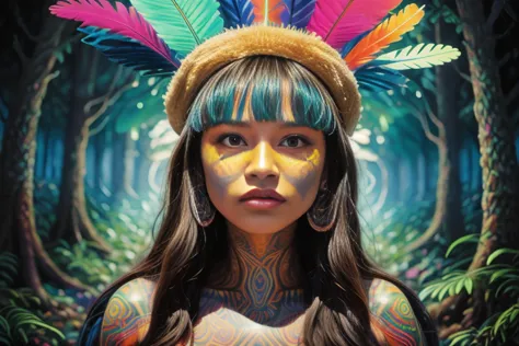 ((foto crua, melhor qualidade)), (realista, fotorrealista:1.2). a beautiful indigenous girl in native costume with feathers and ...