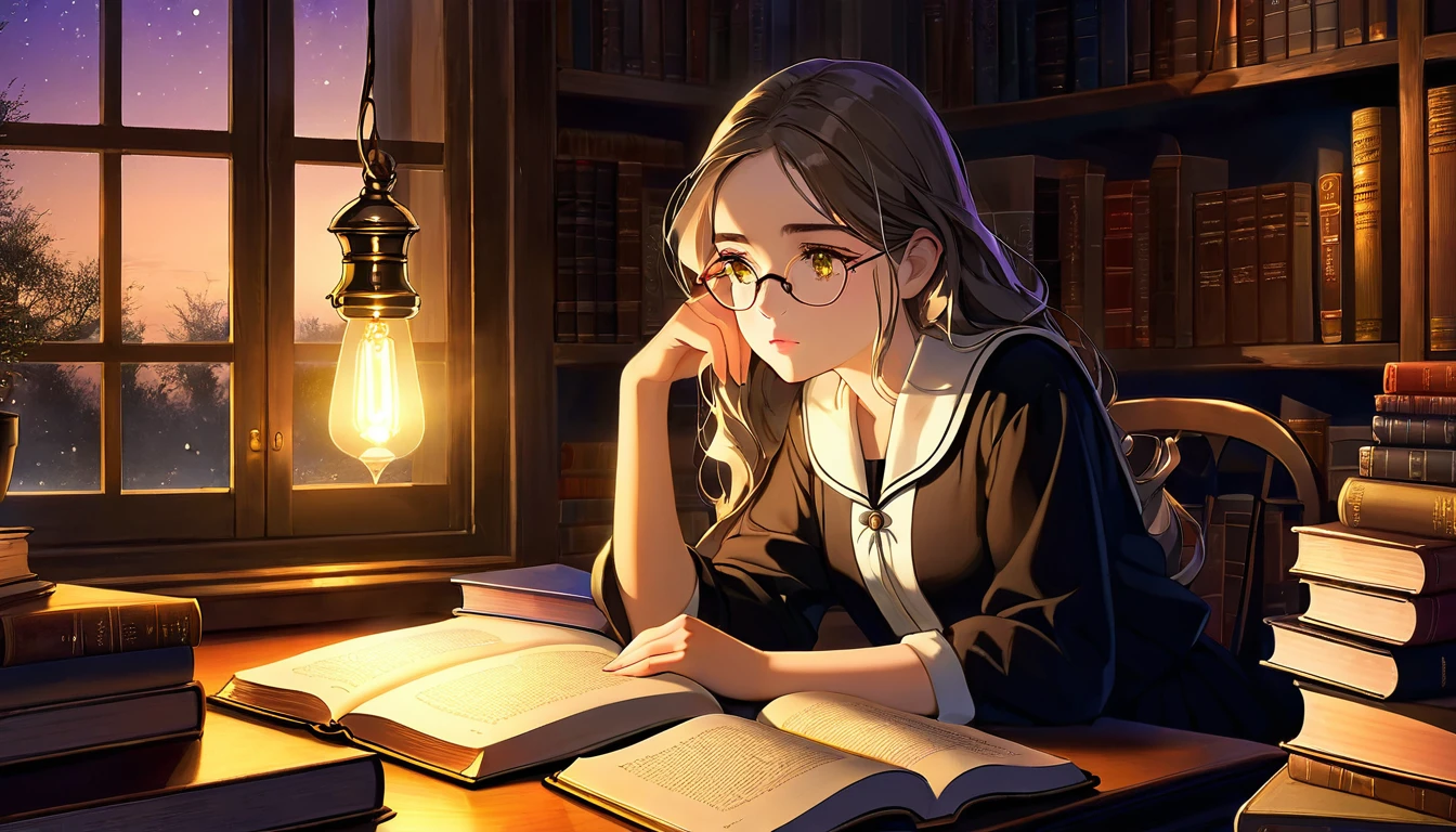 Masterpiece, Best quality, 1girl, Cozy corner, Jumble of books, Profound study, Desk lamp, Yellow glow, Peaceful ambiance, Quiet night, Window, Tranquil countenance, Intensity of concentration, Composed posture, Inquisitive eyes, Subtle tilt, Nimble fingers, Timeworn margins, Sultry aura, Silent focus, Deep in thought, Scholar, Old world wisdom, Intellectual, Thoughtful, Pensive, Well-read, Intellect, Knowledgeable, Wisdom seeker, Glimpse into the mind, Soaking up the knowledge, Absorbing the information.
A girl, enscon,evening,