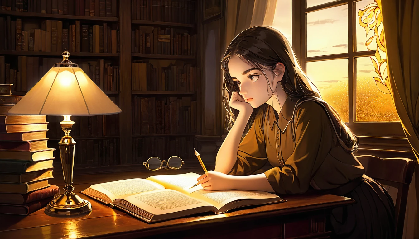 Masterpiece, Best quality, 1girl, Cozy corner, Jumble of books, Profound study, Desk lamp, Yellow glow, Peaceful ambiance, Quiet night, Window, Tranquil countenance, Intensity of concentration, Composed posture, Inquisitive eyes, Subtle tilt, Nimble fingers, Timeworn margins, Sultry aura, Silent focus, Deep in thought, Scholar, Old world wisdom, Intellectual, Thoughtful, Pensive, Well-read, Intellect, Knowledgeable, Wisdom seeker, Glimpse into the mind, Soaking up the knowledge, Absorbing the information.
A girl, enscon,evening,