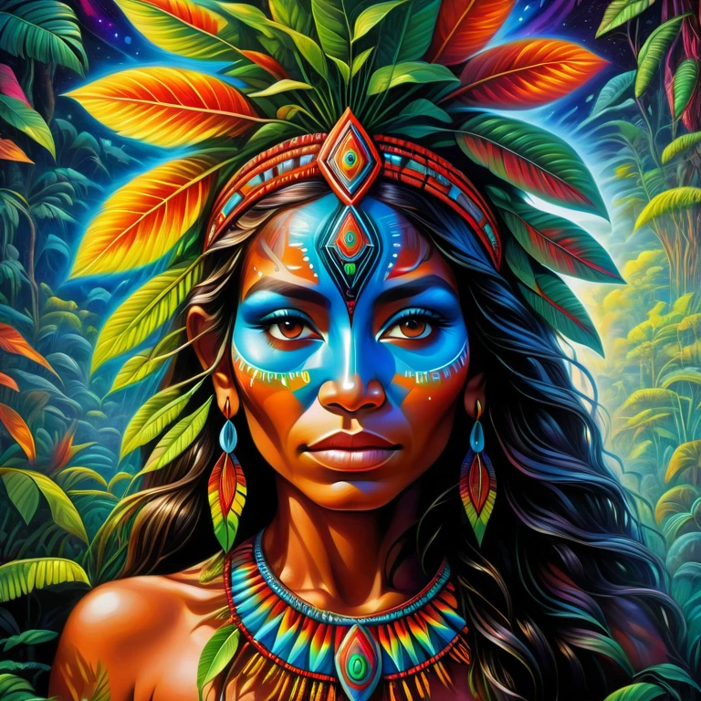 a painting of a shamanic woman, Yanomami Indigenous, indigenous brazilian, arte psytrance, psytrance, Dan Mumford e Alex Grey Estilo, psychedelic dmt, psychedelic organic shaman, while tripping on dmt, epic shamanic dmt art, cores dmt, psychedelic cosmic horror, psychedelic shaman, Arte Trippy, Entidade DMT, extremely psychedelic experience