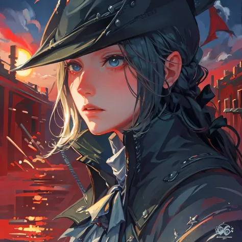 sketch, lady maria_bloodborne, dawn, sun, sad