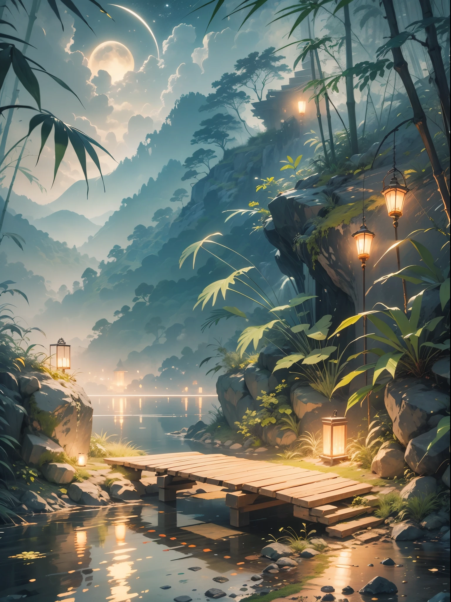 The Jungle Book, bamboo tree fantasy, Long bamboo, Practical, consumption environment, AI, Artificial water source, Build a bridge between two different places surrounded by bamboo forest, Night view, 8k best quality, AMD FidelityFX Super Resolution 3, Rendered by Nvidia RTX DLSS 3.5