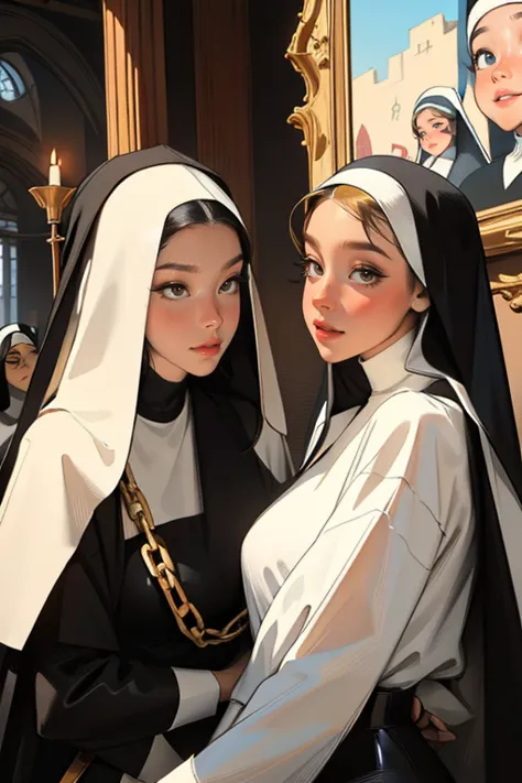 Masterpiece, dynamic shot, ((3 females)), A picture of 2 beautiful succubus girls and 1 sexy nun on a leash, ((2 demon girls and...