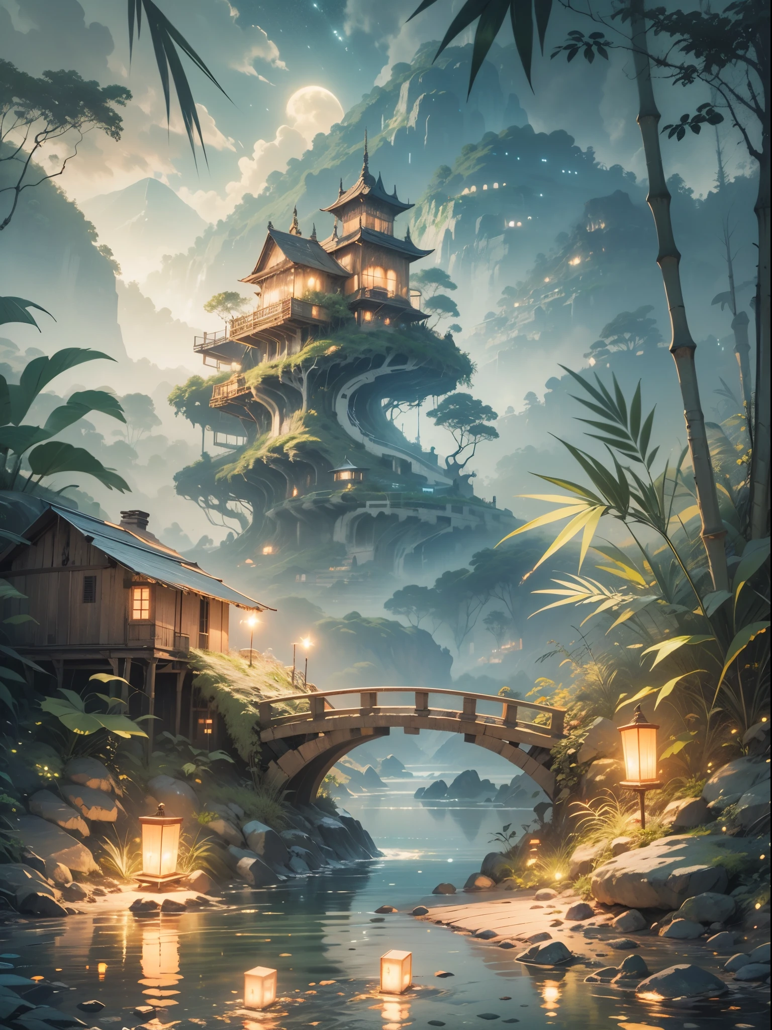 The Jungle Book, bamboo tree fantasy, Long bamboo, Practical, consumption environment, AI, Artificial water source, Build a bridge between two different places surrounded by bamboo forest, Night view, 8k best quality, AMD FidelityFX Super Resolution 3, Rendered by Nvidia RTX DLSS 3.5