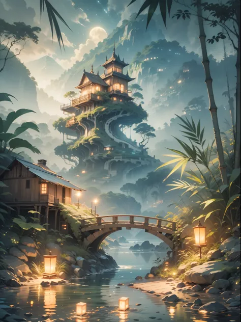 the jungle book, bamboo tree fantasy, long bamboo, practical, consumption environment, ai, artificial water source, build a brid...