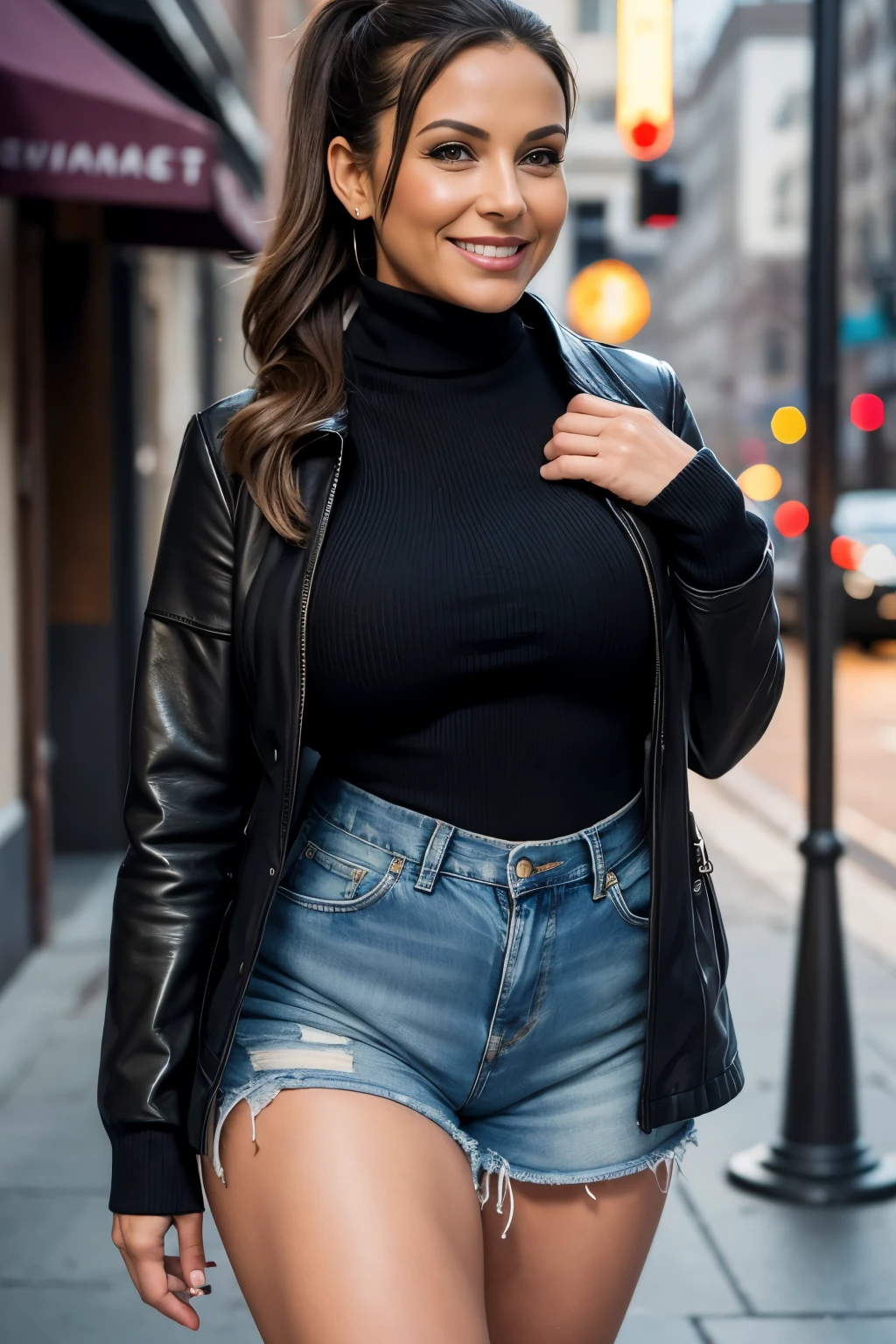 A woman in a black top and denim shorts is walking down the street - SeaArt  AI