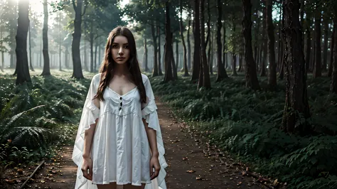 a creepy but beauty ghost young woman in the middle of a derk and creepy forest
