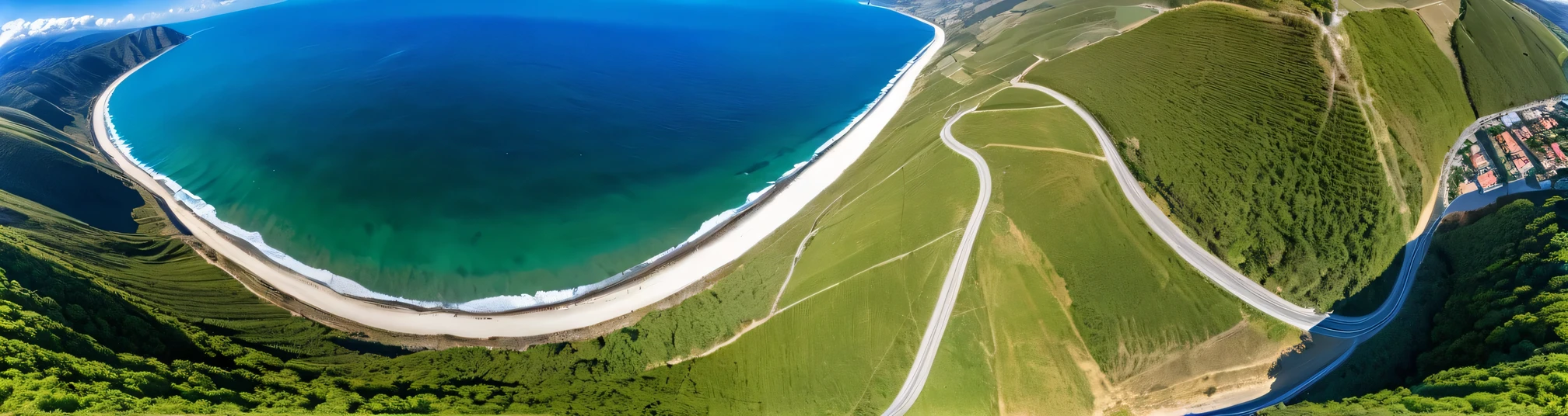 View from a height of 50 meters, shot with an action camera, shot from a paraglider, ((Blue Coast)), widescreen photo, space curvature effect, panoramatization, panorama curvature