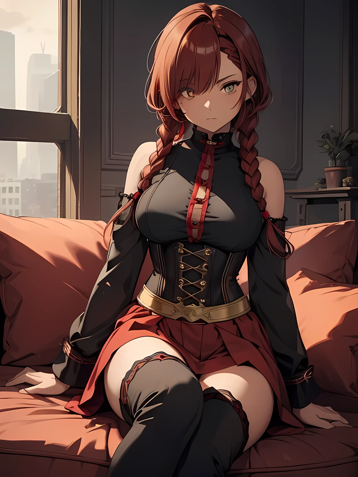 beautiful girl, very cute, sitting on the sofa, medium breasts, red hair, short hair, hair over one eye, (( twin_low_braids, long braids)), yellow eyes, detailed eyes, symmetrical pupils, pointed ears, corset, ((dark skin)), muscular, medium skirt, open front skirt, gray pants, long sleeves, red sleeves, detached sleeves, exposed shoulders , red and black clothing, gold trim, knee high boots, combat boots , panties