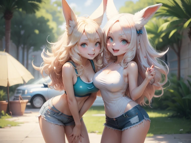 two anthropomorphic bunnies, white fur, baby face, green and blue eyes, blondes, long hair, excited, big breasts, sexy chibi, tank tops, denim shorts, mischievous smile, sexy pose, leaning over washing a blue Cadillac, wet clothes, ecchi anime, full body, POV, dynamic view, 45º medium far angle, HD+ quality,