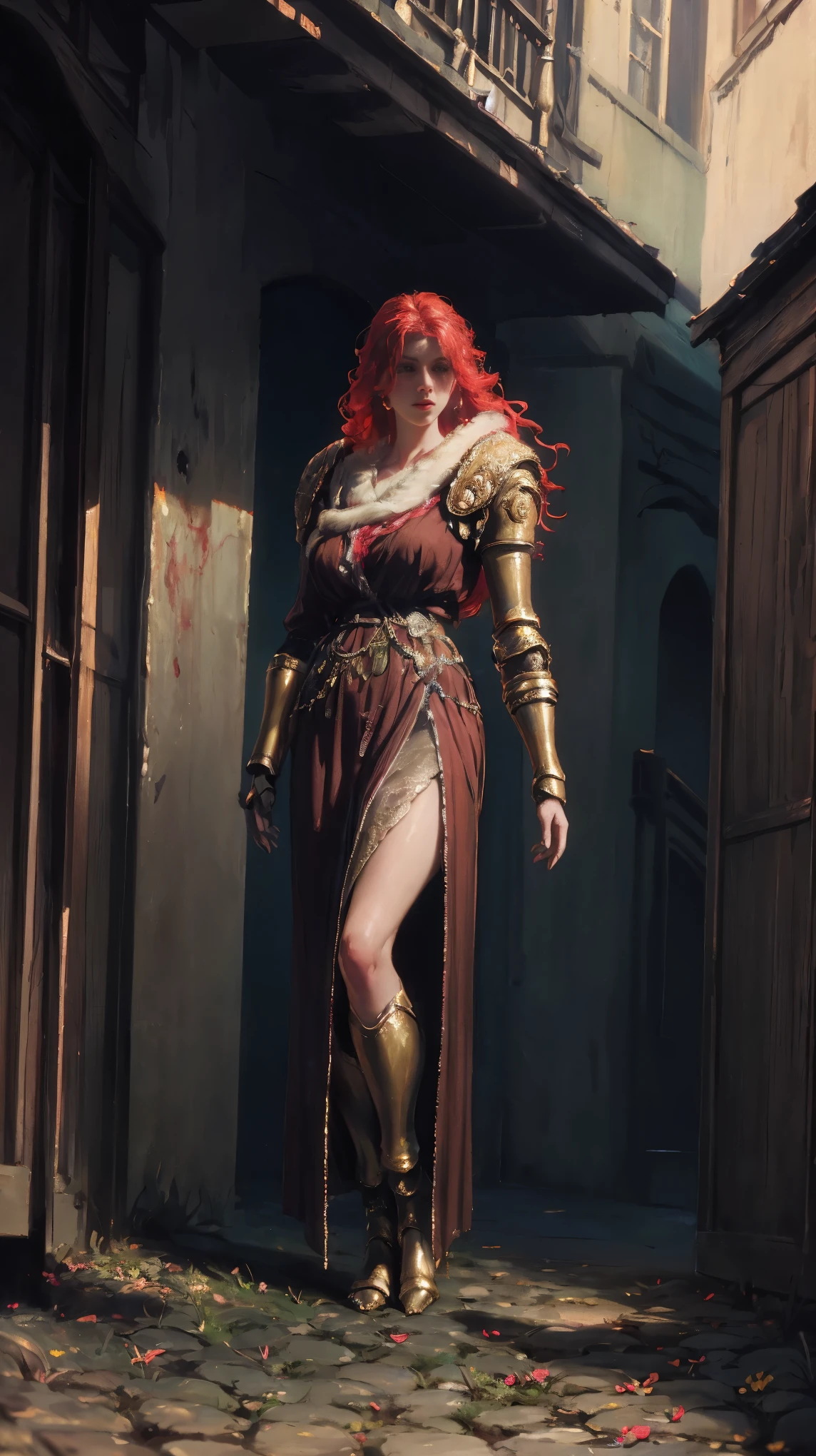 Highly detailed, high quality, masterpiece, beautiful, 1 girl, prosthetic leg, single mechanical arm, prosthesis, MaleniaDef, armor, cape, helmet, brown dress, full body, (best quality)), ((masterpiece: 1.2) ), (extremely detailed: 1.1), (8k, high quality, cinematic, hyper realistic, illustration), (autodesk maya, octane rendering, unreal engine, game character, ray tracing, hdr), (16mm focal length , f/4 aperture, dynamic perspective, depth of field), (1 girl, dynamic angle, casting pose. malenia, long bright red hair like blood, brown thorn-woven dress, single mechanical arm, prosthetic leg, prosthesis, boots of battle. Cloak of blood, underlying golden armor, valley of withered flowers, ancient sculptures around it), 3d, realistic, CG, 3D model, beautiful, elegant, confident, (hdri, bloom, edge lighting, soft lighting, discreet), zhongfenghua, delicate\(armor\) ancient robe, golden helmet, mage_glam, caftan,