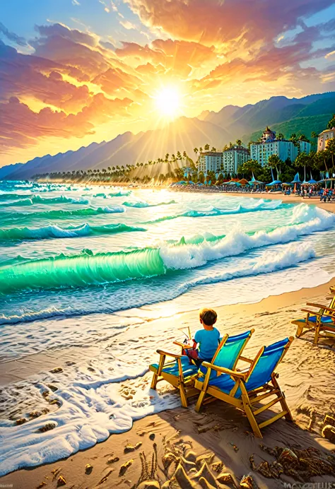 National Geographic Photographer:1.4, blue coast, landscape of a paradisiacal beach, palm trees, white sand, seagulls, beach cha...