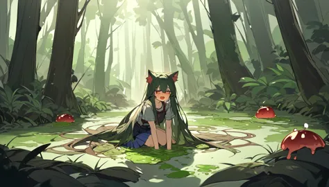 Cute girl, melted mucus, sticky liquid, green puddle, cute girl, woman with long hair, moving mucus, cat ears, in the forest,red...