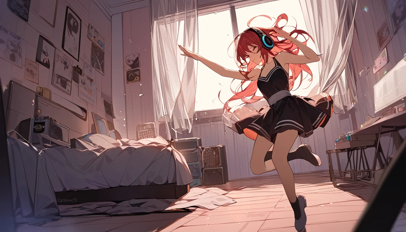 A girl dancing solo with headphones on in her room - "Solo jam session",chat ear、Dancing Girl