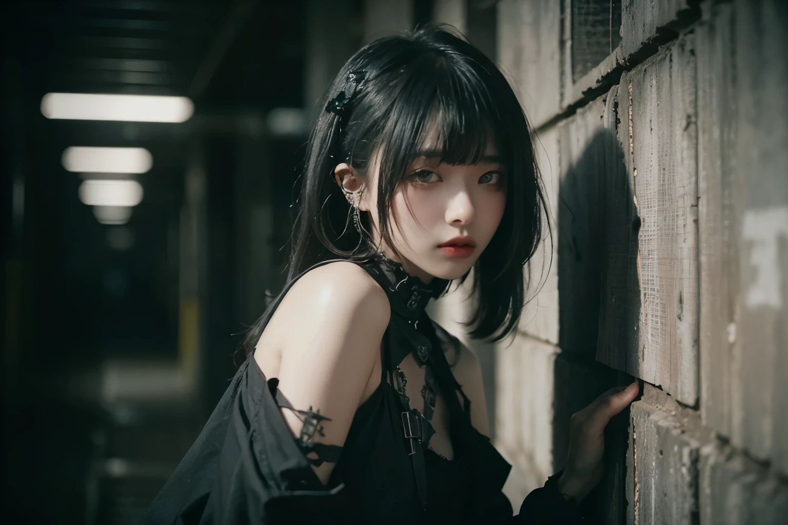 (cowboy shot),  Dystopia, minimum, Harmony, Tranquility, Background is concrete wall with fine texture, Cinematic Light, 1 girl, Medium Hair, bangs, Deep Shadow, Gothic Punk, masterpiece, best quality, RAW Photos, sigma 50mm f1.4, Candid, 24-years-old, Gothic Fashion