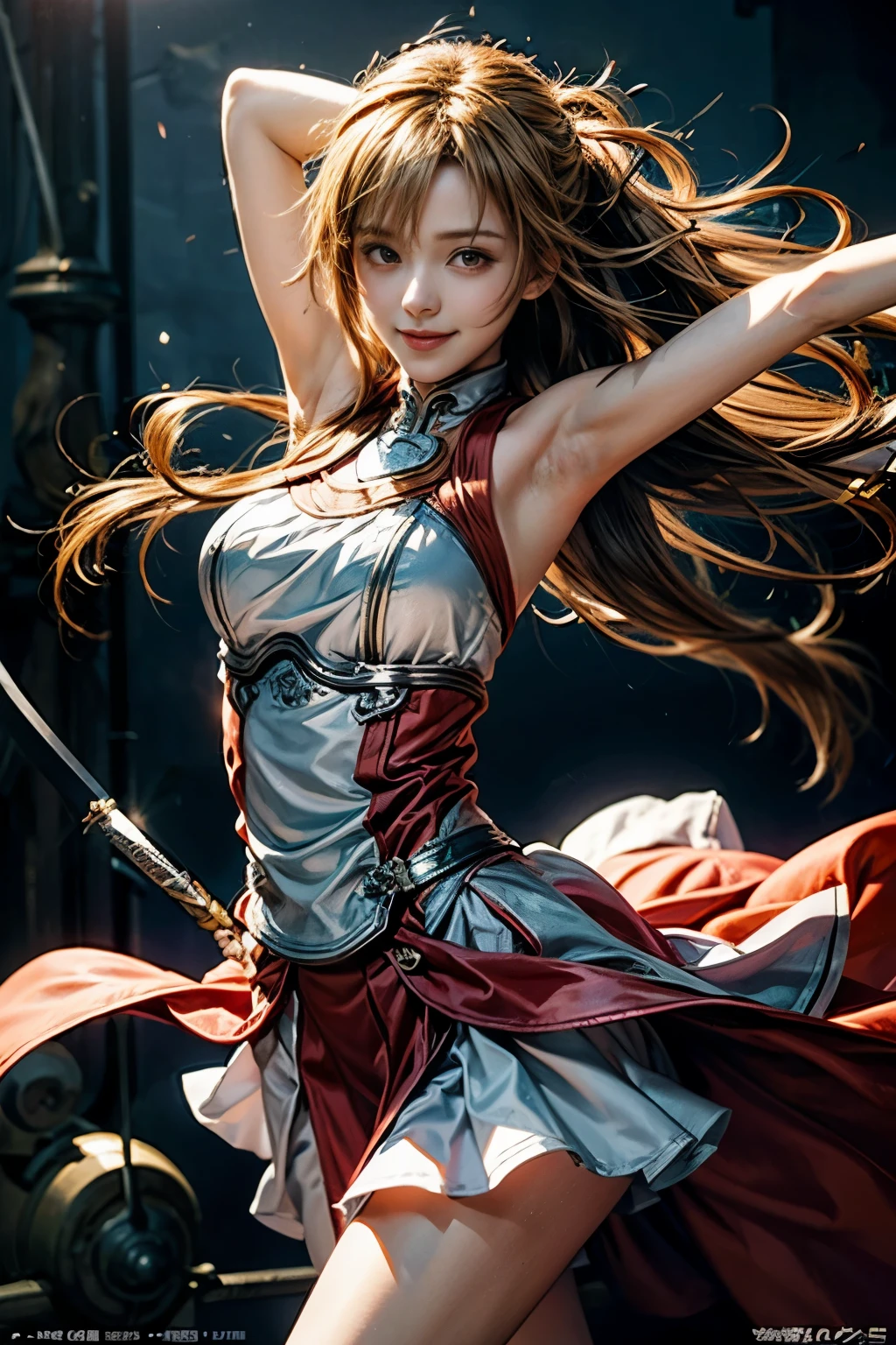 Big Asuna，A light smile，Raised to be sexy，sword，Have a weapon，White Dress，armor，floating hair，Red Skirt，swordで，Stretch your arms，The best quality at its best，Poster