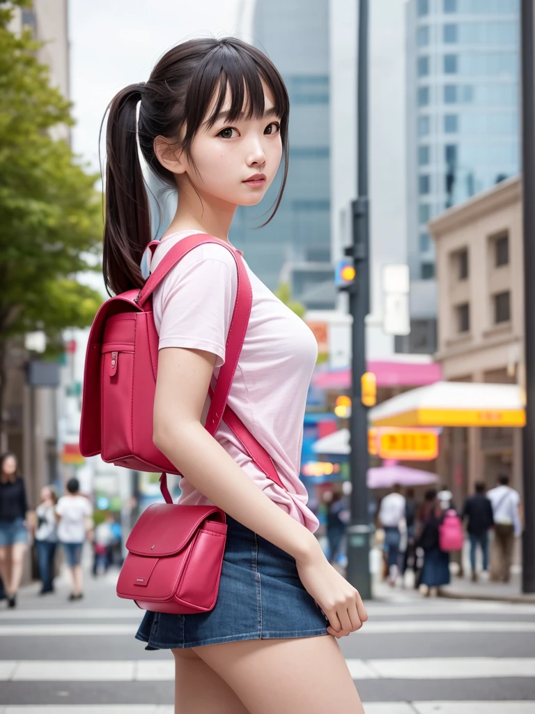 Masterpiece, hd, portrait, best quality, high res,
(1 women:1.3), realistic, solo, wearing t-shirt and miniskirt, , day time shopping stores, streets, city
Carries pink randoseru backpack, view from side, (school backpack:1.0)