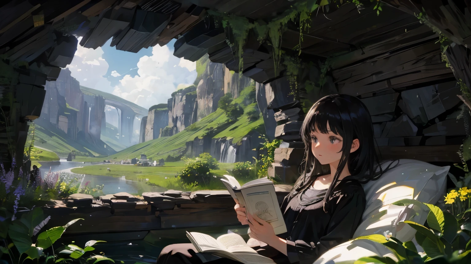 One girl, alone, black_hair, cave, Lush, Flowers, beautiful, Idyllic, Majestic, Absurd, Hyperrealism, texture, maximum_detailed, Digital SLR 、reading