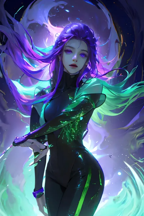 masterpiece, best quality, 1 Girl, with long flowing rainbow hair in shades of purple, blue, and green, Wearing a stylish black ...
