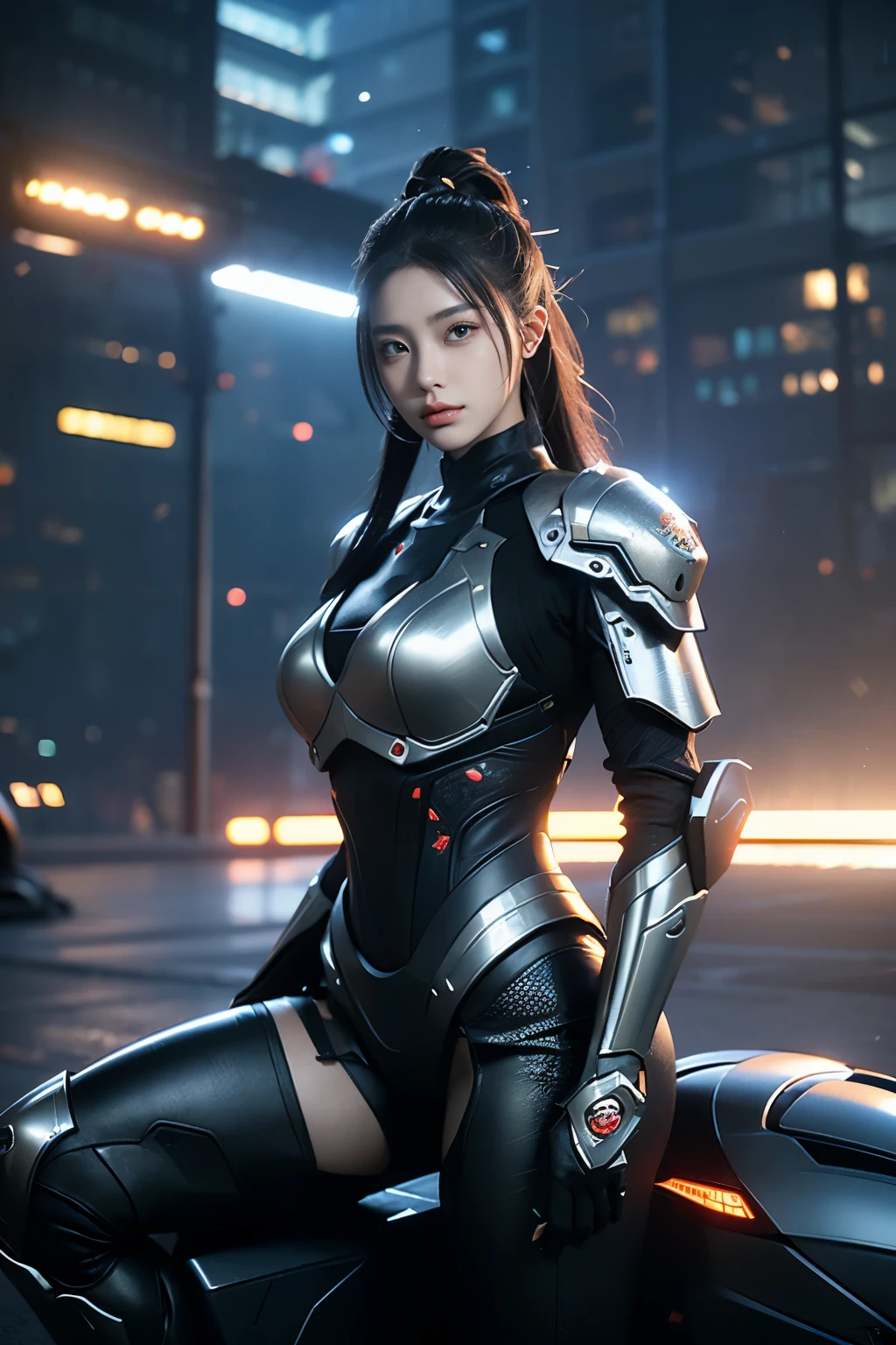Game Art，Best image quality，Maximum resolution，8k，((A half-length photo))，((portrait))，(Rule of Thirds)，Unreal Engine 5 rendering works， (Future girl)，(Female Warrior)， 22-year-old young hacker)，(Oriental hairstyle)，(Beautiful eyes full of details)，(Large Breasts)，(Eyeshadow)，Elegant and charming，indifferent，((frown))，(Combat suit full of futuristic technology，This costume combines futuristic power armor and，Clothing is decorated with glittering patterns and emblems)，Cyberpunk Characters，in the style of futuristic， Photo poses，City background，lamp，Ray Tracing，Game CG，((3D Unreal Engine))，OC rendering reflection mode，Close shot
