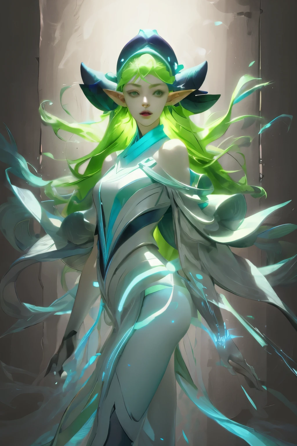 masterpiece, Green hair standing in the room、Girl with green hat, Ink Art, Style Art, Elf Girl, murata and artgerm series, very warm, Weiwei, Art style, League of Legends style, Ruan Jia and Artgerm, Art Jem Style, ! dream art