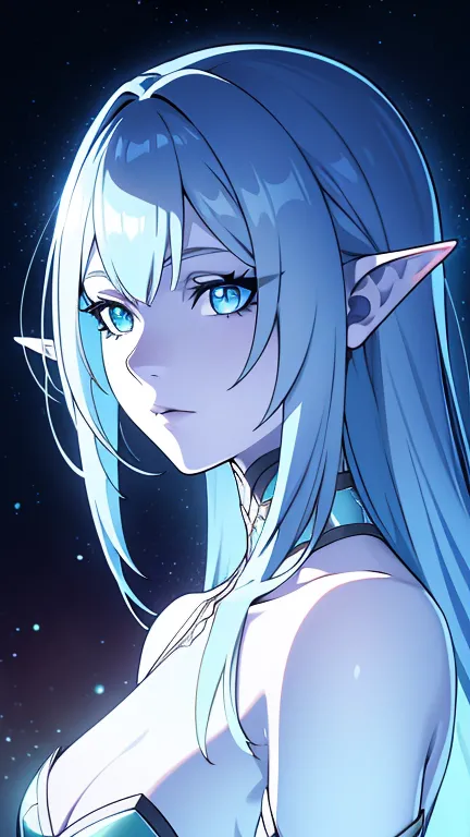 Blue humanoid avatar，Bioluminescent avatar markings on the skin、Dots and Patterns。pointed elven ears。Incarnation，Dark hair，Eyes ...