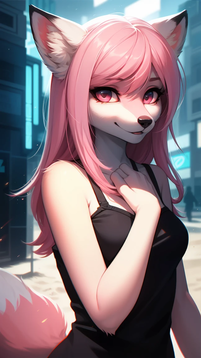 Cyberpunk fox, Beautiful light and shadow on a beautiful face with light pink hair、Ambientebeleuchtung am Strand、Ultra-fine fur、Das volumetrische Licht ist sehr detailliert，Furry art of the highest quality