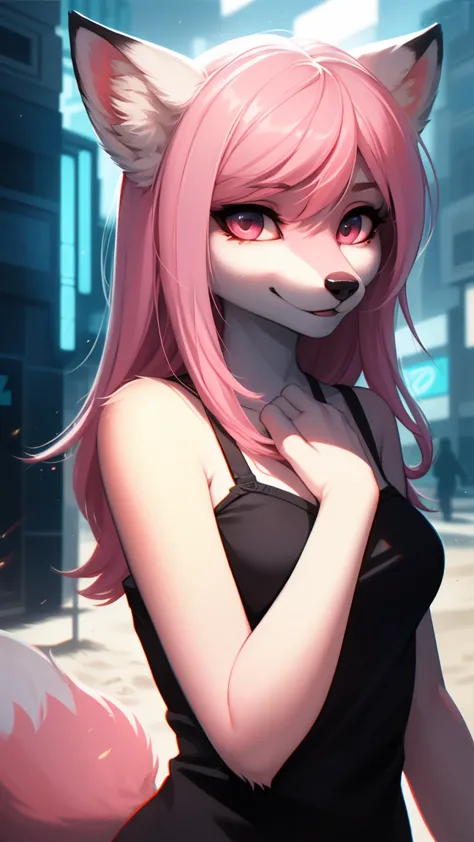 cyberpunk fox, beautiful light and shadow on a beautiful face with light pink hair、ambientebeleuchtung am strand、ultra-fine fur、...