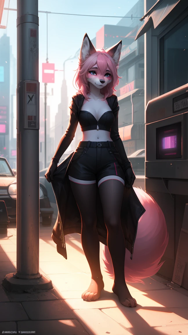 Cyberpunk fox, Beautiful light and shadow on a beautiful face with light pink hair、Ambientebeleuchtung am Strand、Ultra-fine fur、Das volumetrische Licht ist sehr detailliert，Furry art of the highest quality